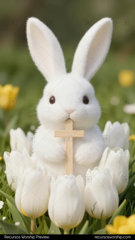 Conejo blanco esponjoso sosteniendo pequena cruz madera dorada flores tulipan blancas amarillas campo verde fondo bokeh vertical plano americano calido tierno festivo pascua infantil familiar