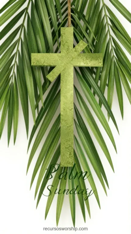 Ilustracion vectorial cruz verde texturada colgando palma hojas verde brillante texto Palm Sunday cursiva verde fondo blanco vertical festivo botánico contemporaneo