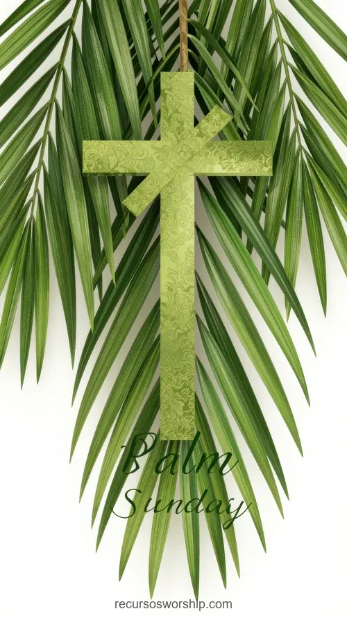 Ilustración Vector Cruz Verde Texturada con Palmas y Texto Palm Sunday Cursiva Fondo Blanco Ilustracion vectorial cruz verde texturada colgando palma hojas verde brillante texto Palm Sunday cursiva verde fondo blanco vertical festivo botánico contemporaneo