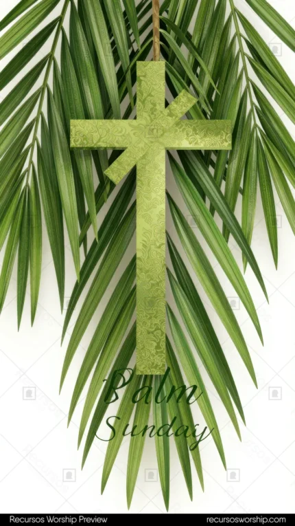 Ilustracion vectorial cruz verde texturada colgando palma hojas verde brillante texto Palm Sunday cursiva verde fondo blanco vertical festivo botánico contemporaneo