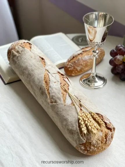 Baguette pan artesanal rustico espiga trigo primer plano biblia abierta copa plateada ornamentada vino racimo uvas fondo mesa madera calida vertical devocional rustico cotidiano santa cena