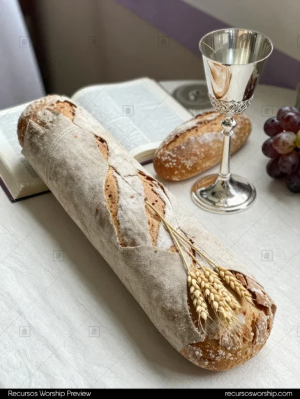 Baguette pan artesanal rustico espiga trigo primer plano biblia abierta copa plateada ornamentada vino racimo uvas fondo mesa madera calida vertical devocional rustico cotidiano santa cena