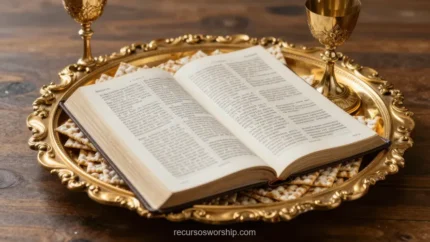 Biblia abierta centrada bandeja dorada ornamentada dos calices dorados lados mesa madera oscura luz calida horizontal solemne liturgico clasico palabra eucaristia altar santa cena