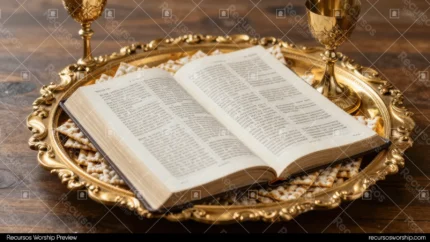 Biblia abierta centrada bandeja dorada ornamentada dos calices dorados lados mesa madera oscura luz calida horizontal solemne liturgico clasico palabra eucaristia altar santa cena