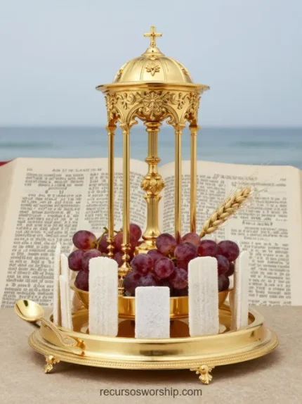 Custodia copón liturgico dorado ornamentado templete columnatas cruz dorada uvas obleas blancas espiga trigo biblia abierta fondo mar azul vertical devocional solemne eucaristia clasica