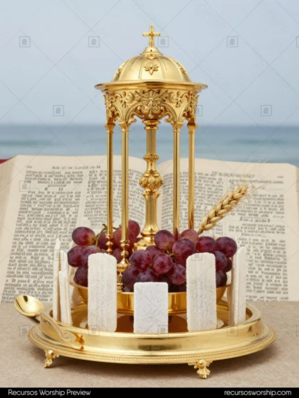 Custodia copón liturgico dorado ornamentado templete columnatas cruz dorada uvas obleas blancas espiga trigo biblia abierta fondo mar azul vertical devocional solemne eucaristia clasica