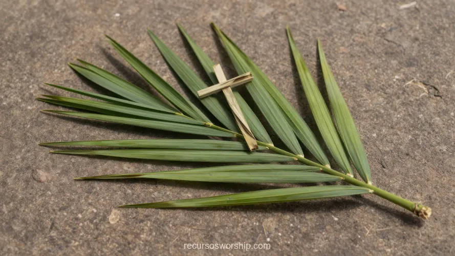 Rama Palma Verde Grande Cruz Artesanal Tejida Palma Superficie Piedra Gris Rústica Cenital Natural Rama palma verde grande horizontal superficie piedra gris rustica cruz artesanal tejida tiras palma encima cenital natural contemplativo domingo ramos artesania fe sencilla