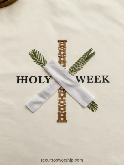 Flat lay cuadrado tela beige blanca tiras tela blanca cruz palmas verdes simetricas pieza madera grabada texto holy week negro simbólico liturgico semana santa identidad visual