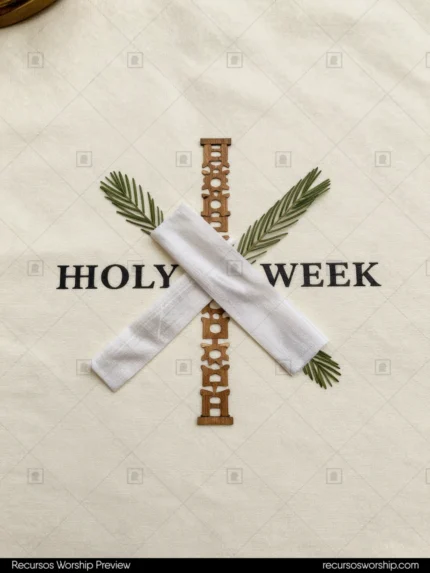 Flat lay cuadrado tela beige blanca tiras tela blanca cruz palmas verdes simetricas pieza madera grabada texto holy week negro simbólico liturgico semana santa identidad visual
