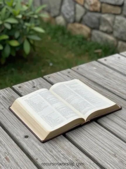 Biblia abierta en doble página sobre mesa de madera gris rústica al exterior con follaje verde y muro de piedra desenfocado de fondo