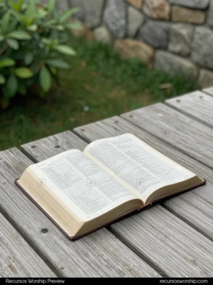 Biblia abierta en doble página sobre mesa de madera gris rústica al exterior con follaje verde y muro de piedra desenfocado de fondo