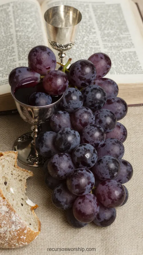 Racimo Uvas Moradas Copa Plateada Vino Pan Artesanal Biblia Borrosa Lino Beige Vertical Devocional Racimo grande uvas moradas oscuras primer plano copa plateada vino trozo pan artesanal biblia abierta borrosa fondo tela lino beige vertical devocional calido rustico santa cena natural