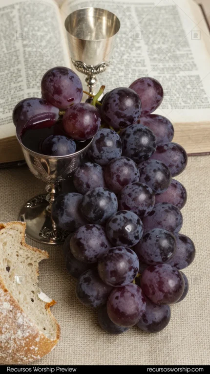 Racimo grande uvas moradas oscuras primer plano copa plateada vino trozo pan artesanal biblia abierta borrosa fondo tela lino beige vertical devocional calido rustico santa cena natural