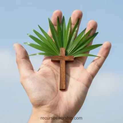 Mano abierta palma arriba sosteniendo cruz madera rustica marron palma verde detras cielo azul nubes suaves cuadrado detalle luz natural exterior domingo ramos intimo personal