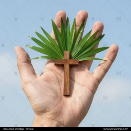 Mano abierta palma arriba sosteniendo cruz madera rustica marron palma verde detras cielo azul nubes suaves cuadrado detalle luz natural exterior domingo ramos intimo personal