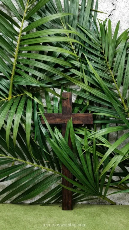 Cruz madera oscura rustica apoyada hojas palma verdes abundantes fondo muro piedra gris vertical solemne festivo domingo ramos pascua