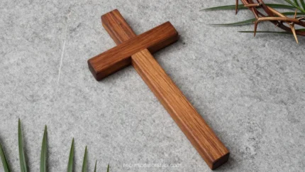 Cruz madera rustica grande horizontal superficie piedra gris rama palma verde izquierda corona espinas beige derecha cenital horizontal simbolos pasion semana santa liturgico rustico