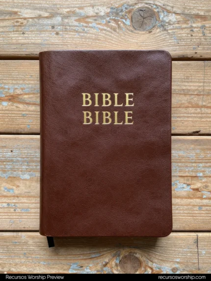 Biblia de cuero marrón cálido con letras doradas BIBLE en dos líneas sobre tablones de madera exterior gris blanqueado rústico cenital