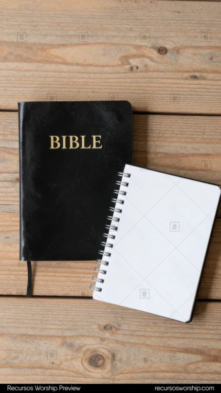 Biblia negra cerrada con letras doradas y marcapáginas rojo junto a cuaderno espiral abierto en blanco sobre madera clara natural cenital vertical