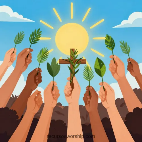 Vector Manos Diversas Etnias Alzadas Palmas Verdes Cruz Madera Centro Sol Radiante Cielo Azul Nubes Cuadrado Vector ilustrado manos diversas etnias alzadas sosteniendo palmas verdes cruz madera centro sol radiante amarillo cielo azul nubes cuadrado comunitario multicultural festivo domingo ramos