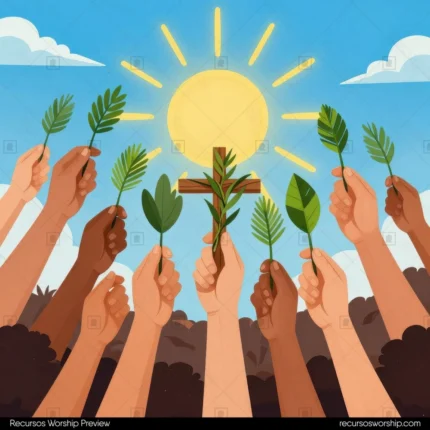 Vector ilustrado manos diversas etnias alzadas sosteniendo palmas verdes cruz madera centro sol radiante amarillo cielo azul nubes cuadrado comunitario multicultural festivo domingo ramos
