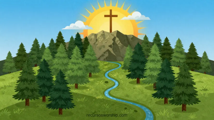 Vector Paisaje Horizontal Bosque Abetos Verde Rio Azul Cruz Madera Montaña Sol Radiante Easter Sunday Vector ilustracion paisaje horizontal bosque abetos verdes rio azul sinuoso montana fondo cruz madera marron sol amarillo radiante rayos easter sunday triunfante pascual naturaleza