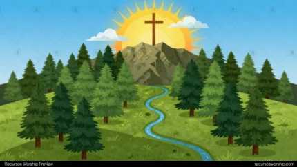 Vector ilustracion paisaje horizontal bosque abetos verdes rio azul sinuoso montana fondo cruz madera marron sol amarillo radiante rayos easter sunday triunfante pascual naturaleza