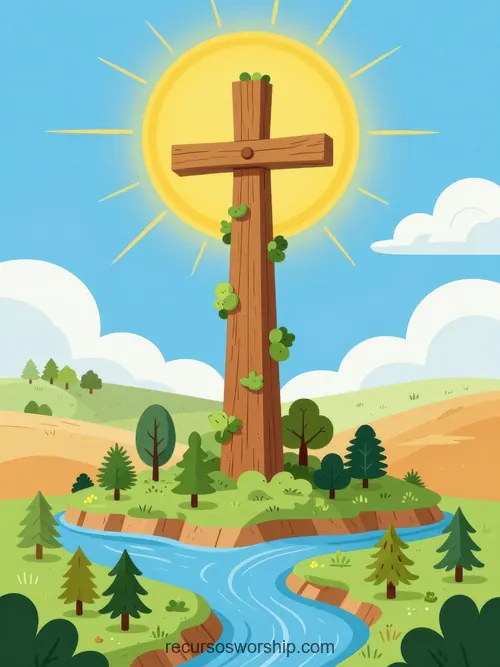 Vector Cruz Madera Enredadera Verde Colinas Rio Azul Arboles Sol Halo Cielo Azul Vertical Pastoral Pascua Vector vertical cruz madera marron enredadera verde base paisaje colinas verdes amarillas rio azul arboles sol amarillo halo luz cielo nubes pastoral senorio creacion pascua easter