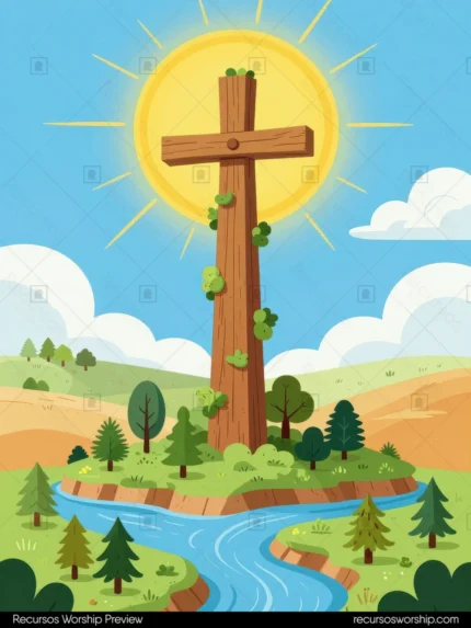 Vector vertical cruz madera marron enredadera verde base paisaje colinas verdes amarillas rio azul arboles sol amarillo halo luz cielo nubes pastoral senorio creacion pascua easter