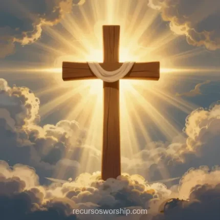 Cruz madera marron grande centro pano tela blanca colgando brazo horizontal rayos luz dorada intensa nubes grises doradas cuadrado devocional glorioso pascual resurreccion solemne