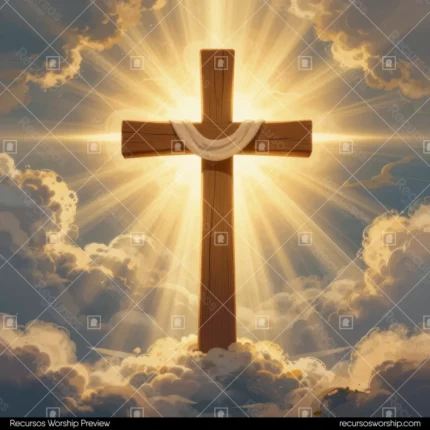Cruz madera marron grande centro pano tela blanca colgando brazo horizontal rayos luz dorada intensa nubes grises doradas cuadrado devocional glorioso pascual resurreccion solemne