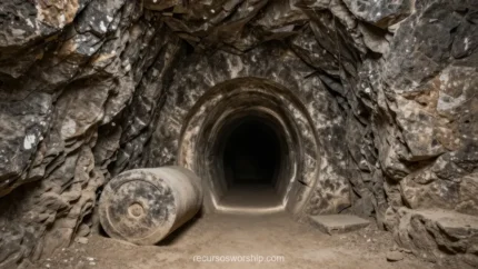 Túnel de roca oscura rugosa con piedra circular grande rodada entrada interior sombrío abertura luz fondo representacion realista tumba abierta resurreccion horizontal