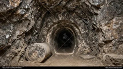 Túnel de roca oscura rugosa con piedra circular grande rodada entrada interior sombrío abertura luz fondo representacion realista tumba abierta resurreccion horizontal