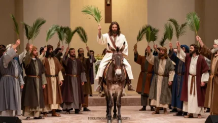 Escena teatral de dramatizacion entrada triunfal de jesus sobre burro rodeado de multitud con palmas en interior de iglesia contemporanea horizontal panoramica
