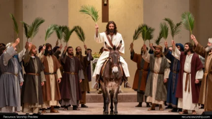 Escena teatral de dramatizacion entrada triunfal de jesus sobre burro rodeado de multitud con palmas en interior de iglesia contemporanea horizontal panoramica