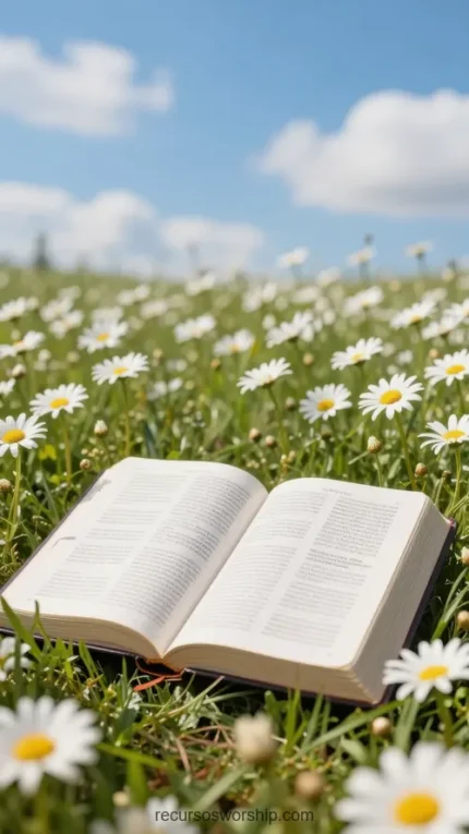 Biblia abierta en doble página sobre pasto verde con margaritas blancas y amarillas bajo cielo azul con nubes blancas esponjosas exterior