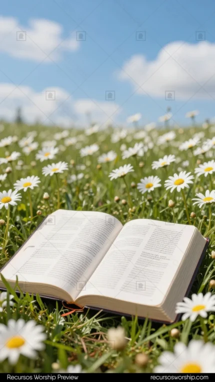 Biblia abierta en doble página sobre pasto verde con margaritas blancas y amarillas bajo cielo azul con nubes blancas esponjosas exterior