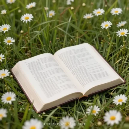 Biblia abierta en doble página sobre hierba verde densa con margaritas blancas y centros amarillos en plano bajo cuadrado con desenfoque perimetral