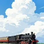 Locomotora vapor negra vagones rojos estilo anime ghibli campo verde brillante nubes blancas esponjosas cielo azul vertical ilustracion retro idilico nostalgia aventura ministerial juvenil