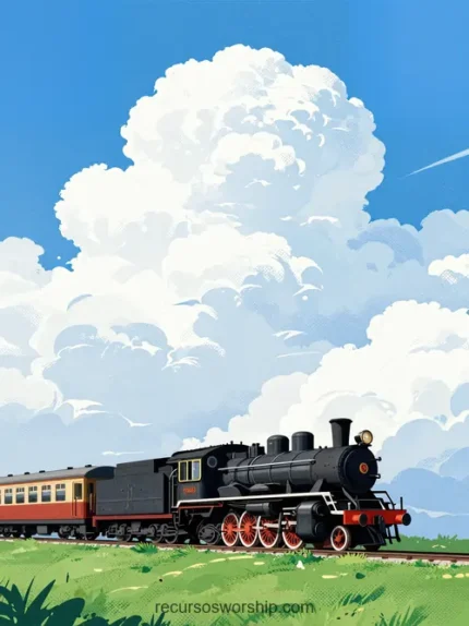 Locomotora vapor negra vagones rojos estilo anime ghibli campo verde brillante nubes blancas esponjosas cielo azul vertical ilustracion retro idilico nostalgia aventura ministerial juvenil
