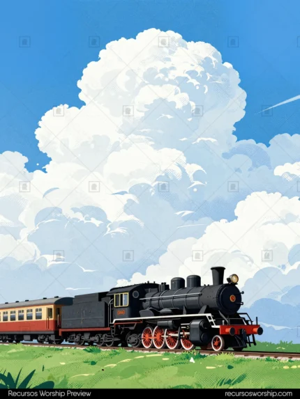 Locomotora vapor negra vagones rojos estilo anime ghibli campo verde brillante nubes blancas esponjosas cielo azul vertical ilustracion retro idilico nostalgia aventura ministerial juvenil