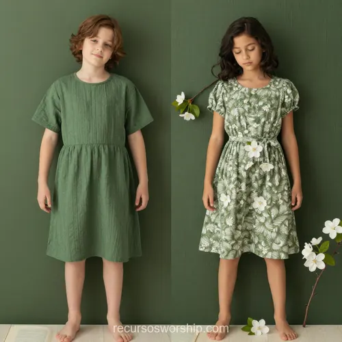 Dos Niñas Vestidos Verdes Junto a Pared Verde con Flores Blancas Pascua Primaveral Dos niñas pie junto pared verde oscura una rubia descalza vestido verde lino otra morena vestido floral verde blanco flores blancas pies horizontal primaveral pascua