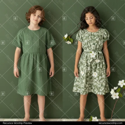 Dos niñas pie junto pared verde oscura una rubia descalza vestido verde lino otra morena vestido floral verde blanco flores blancas pies horizontal primaveral pascua