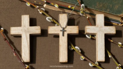 Tres cruces madera clara diferentes tamaños arpillera beige marron ramas sauce botones collar cruz metalica plateada horizontal detalle intima contemplativa artesanal rustica semana santa trinidad