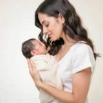 Madre joven morena vestido blanco sosteniendo recien nacido envuelto manta tejida beige mirando bebe con ternura estudio fondo crema difuso vertical