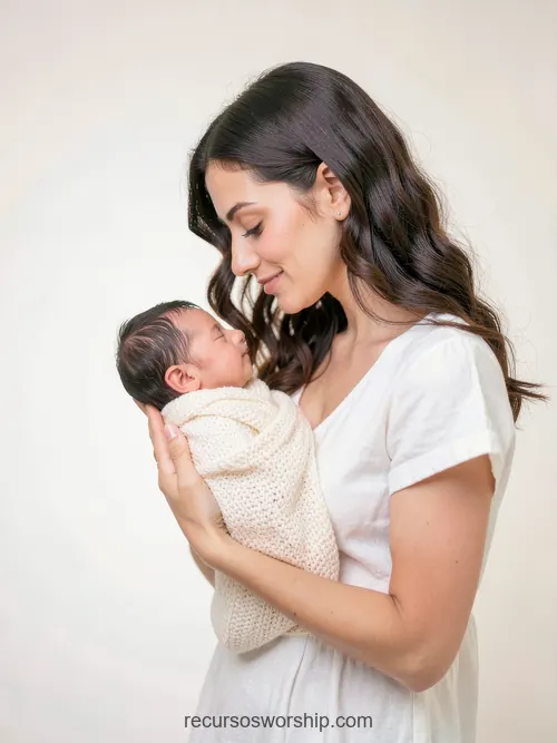 Madre Joven con Recién Nacido en Estudio Sereno Blanco Beige Madre joven morena vestido blanco sosteniendo recien nacido envuelto manta tejida beige mirando bebe con ternura estudio fondo crema difuso vertical