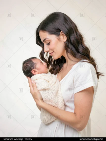 Madre joven morena vestido blanco sosteniendo recien nacido envuelto manta tejida beige mirando bebe con ternura estudio fondo crema difuso vertical