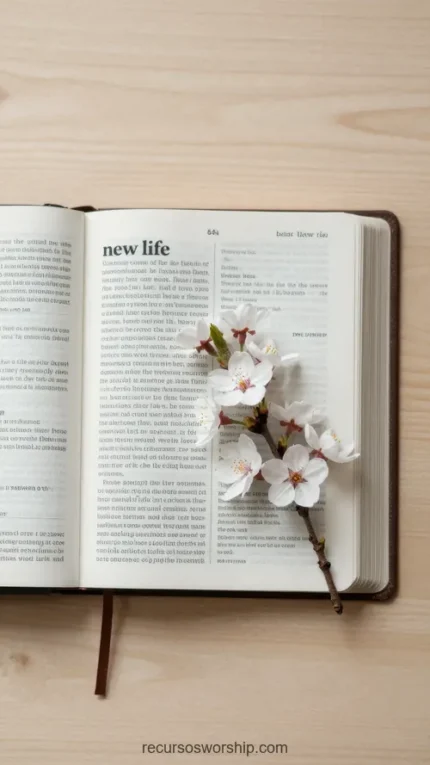 Biblia abierta en página con título new life y rama de flores de cerezo blancas delicadas diagonal sobre madera clara beige cálida cenital