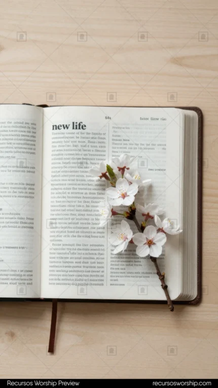 Biblia abierta en página con título new life y rama de flores de cerezo blancas delicadas diagonal sobre madera clara beige cálida cenital