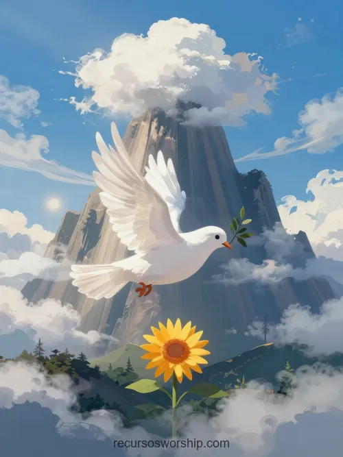 Ilustración Vector Paloma Blanca Vuelo Girasol Amarillo Montañas Cielo Azul Pascua Paz Ilustracion digital vectorial paloma blanca vuelo perfil rama olivo pico girasol amarillo grande montanas azul gris nubes cielo azul vibrante horizontal cuento pascual paz